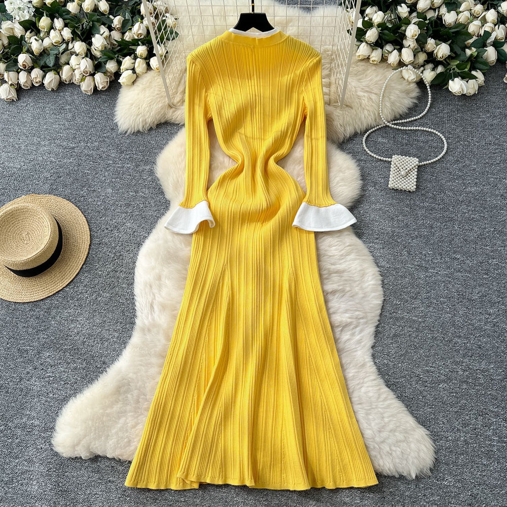 French chic color block crew neck flared sleeve single-breasted cinched waist knit dress - women's autumn slim-fit sweater dress