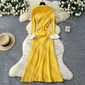 French chic color block crew neck flared sleeve single-breasted cinched waist knit dress - women's autumn slim-fit sweater dress