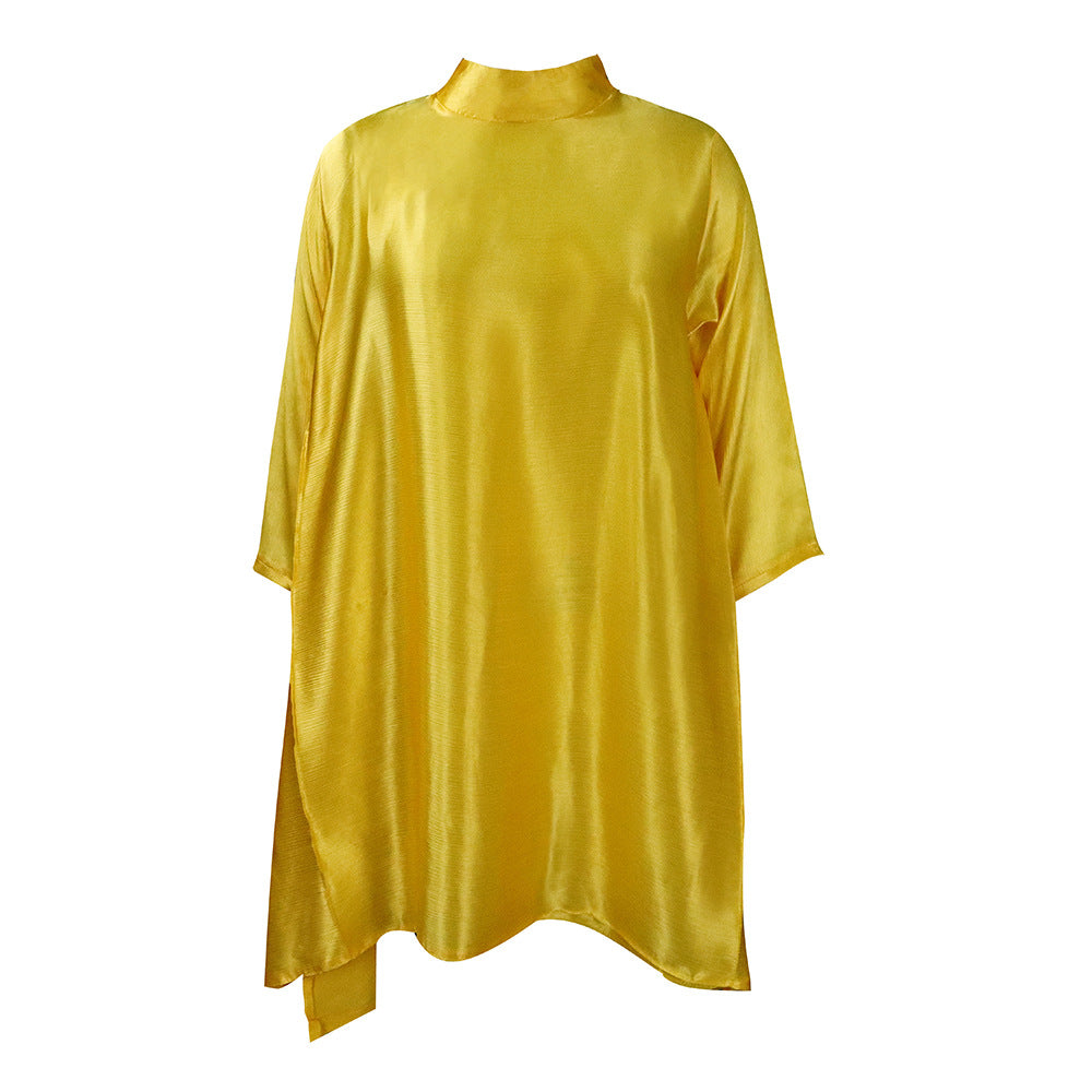 D042   summer european and american women's clothing cross-border half turtleneck loose pleated solid color african foreign trade dress