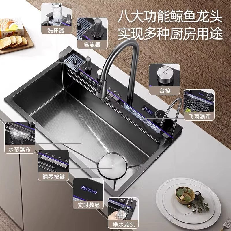 Whale digital display sink large single slot 304 stainless steel kitchen for home vegetable basin sink bowl sink countertop middle and lower