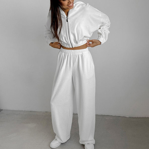 white sports hooded sweater trousers set 2024 European and American design sense casual velvet two-piece set