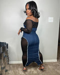 European and american cross-border women's fashion  autumn new sexy hot girl mesh see-through top denim bodycon skirt set