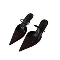 2024 winter new pointed-toe purple stiletto heel rhinestone ankle strap satin mules & slides for women