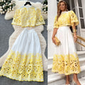 French court retro hollow-out crochet cropped top + high-waisted flared midi skirt two-piece summer outfit - effortless chic