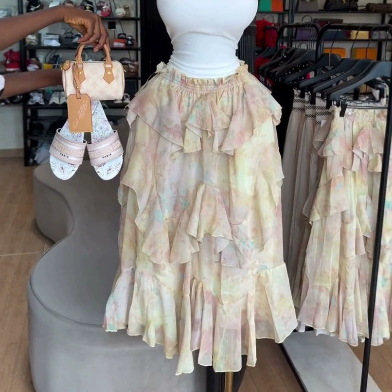 European and american cross-border women's fashion:  summer new arrivals - sweet & fresh high-waisted ruffle hem asymmetrical print midi skirt