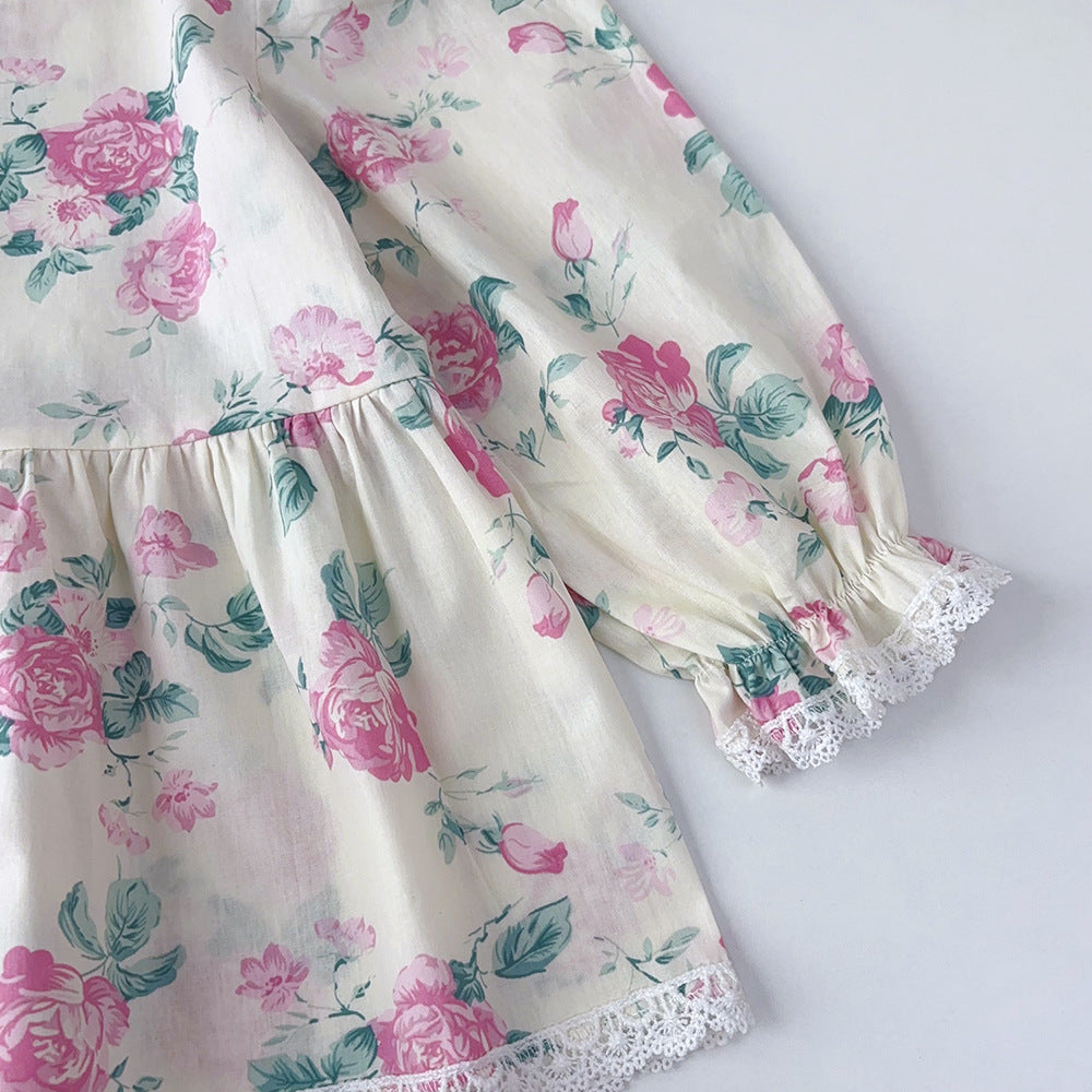 Autumn korean style new children's wear: girls' all-over floral print lace blouse and loose wide-leg pants set - kids' loungewear