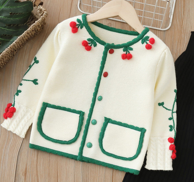 Girls' knitted sweater two-piece set -  autumn/winter new collection - handmade floral pants set for baby girls