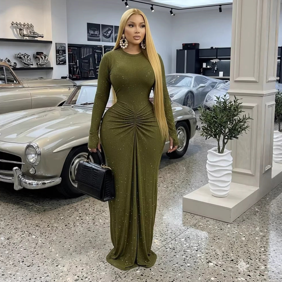 European and american cross-border women's fashion:  spring new arrival - elegant sequin ruched bodycon evening gown, long sleeve dress