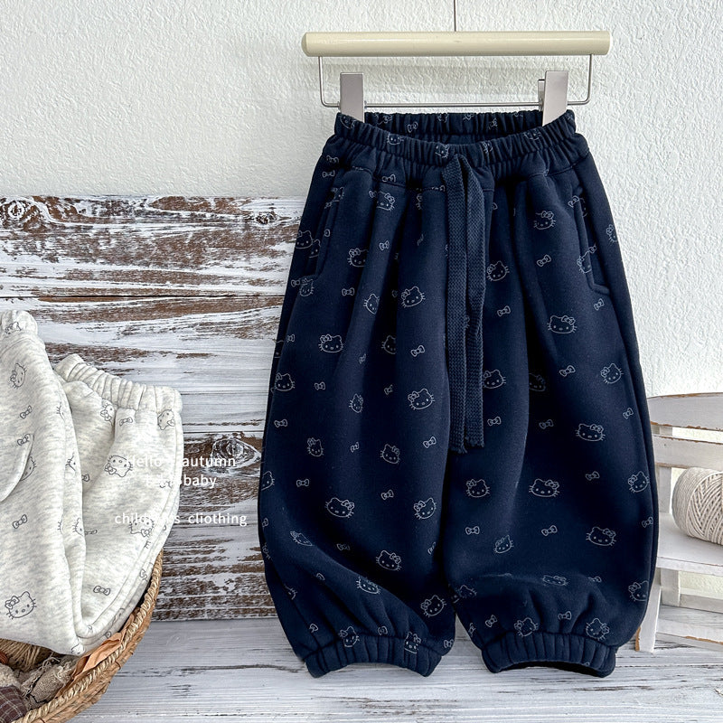 Fleece-lined pants spring & fallnew arrival cartoon kt cat bloomers thickenedcasualeasiest for match sweatpants boys pants trendy
