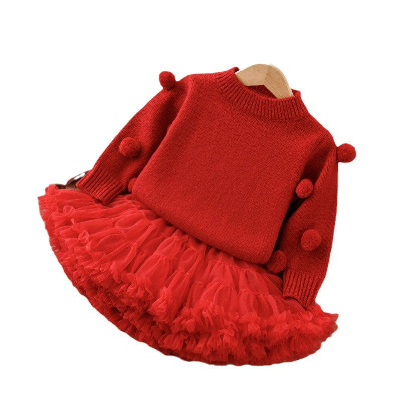 Girls' christmas sweater dress set - kids' round neck fleece-lined thickened princess dress two-piece puffy skirt autumn/winter outfit