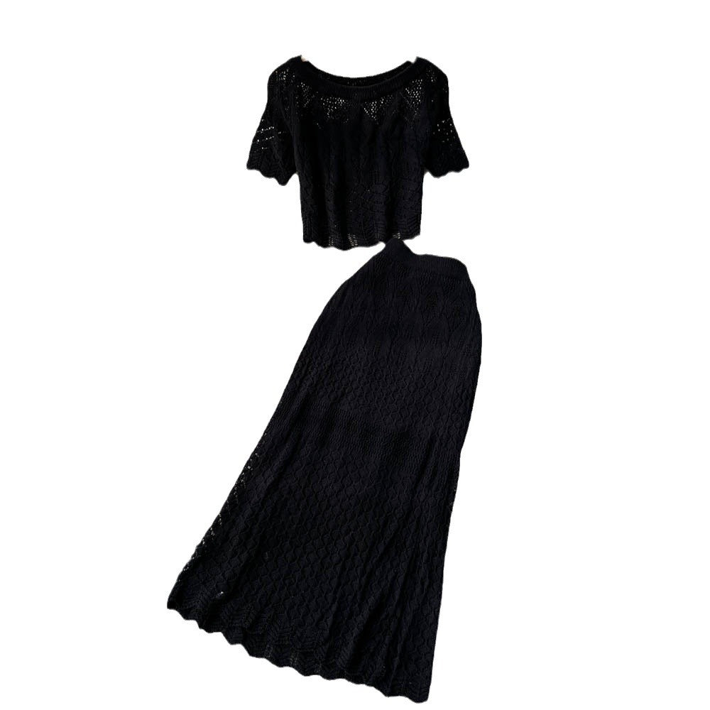 Korean ins style cut out crochet lace short-sleeved suit skirt women's shorttops+mermaid half length skirttwo-piece set trendy