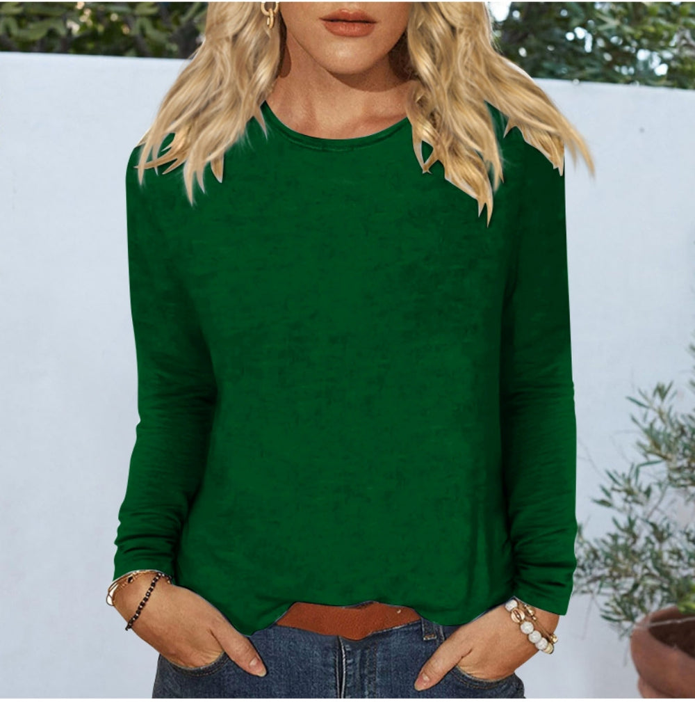 new women's casual long-sleeve solid color crew neck t-shirt for cross-border