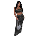 C7222 cross-border   fashion women's sexy bandeau hotfix rhinestone bodycon maxi dress two-piece set