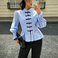 cross-border fashionable striped button-down shirt with ruffle sleeves and cinched waist – versatile style for us and european export