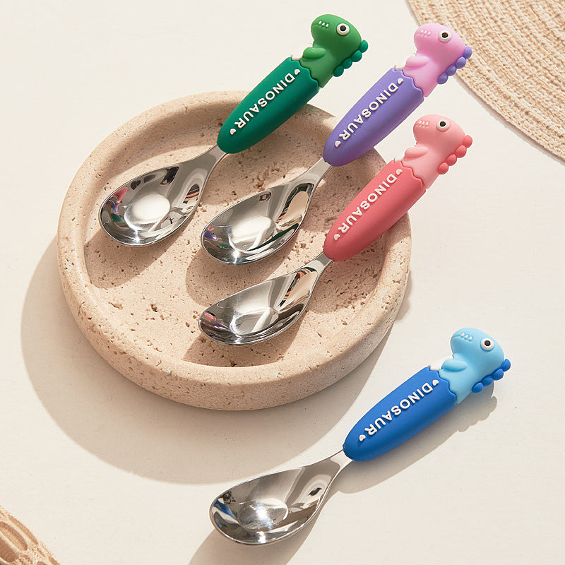New creative cartoon dinosaur soft-handled children's coin-shaped spoon, cute style stainless steel spoon, student tableware wholesale