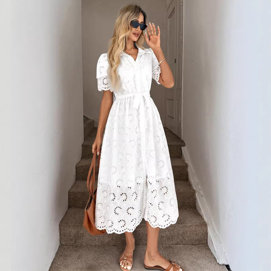 niche cutout floral lace peter pan collar short sleeve dress