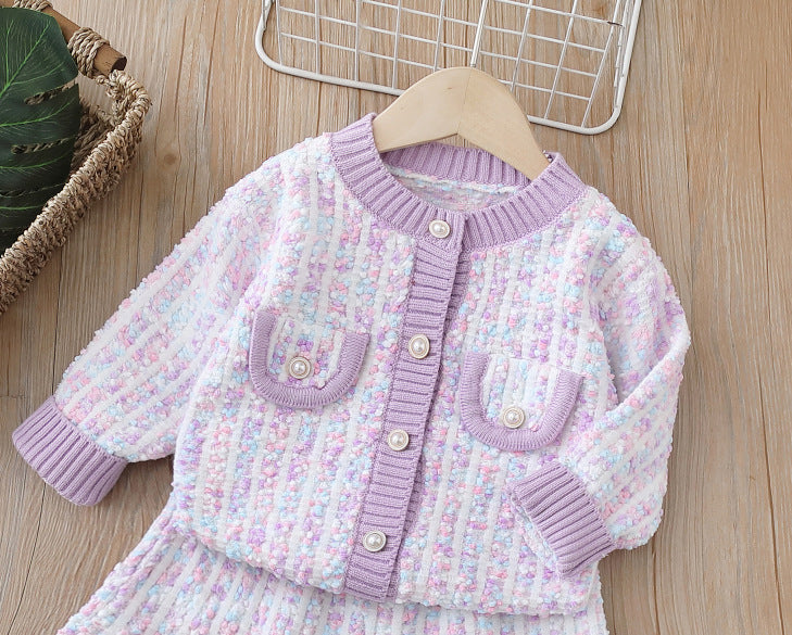 Girls' chanel-inspired two-piece autumn outfit: baby girl's jacket and cardigan sweater set