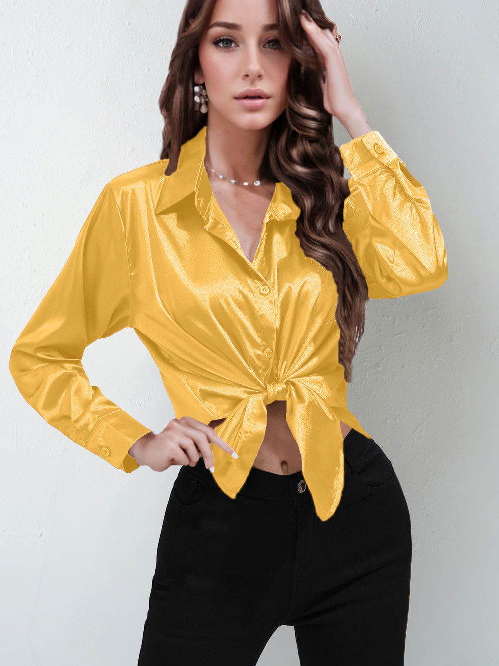 Satin shirt women's satinartificial silk long sleeves  best sellingpure colortopselegance button front lapel shirt