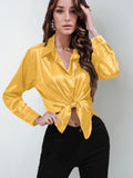 Satin shirt women's satinartificial silk long sleeves  best sellingpure colortopselegance button front lapel shirt