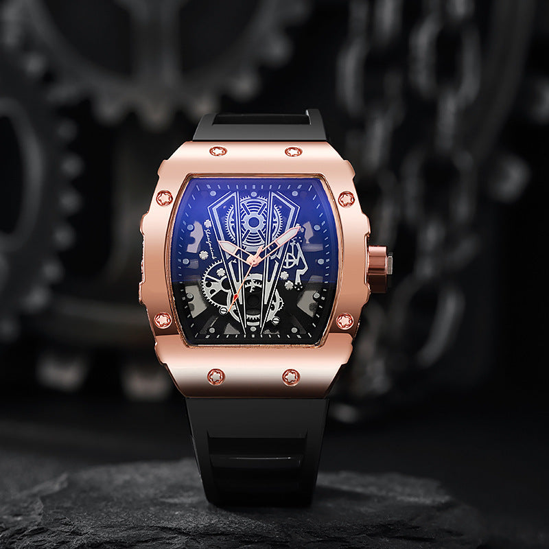 Hollow richard barrel shape aliexpress cross-border quartz watch men's silicone watch men's business calendar sports watch