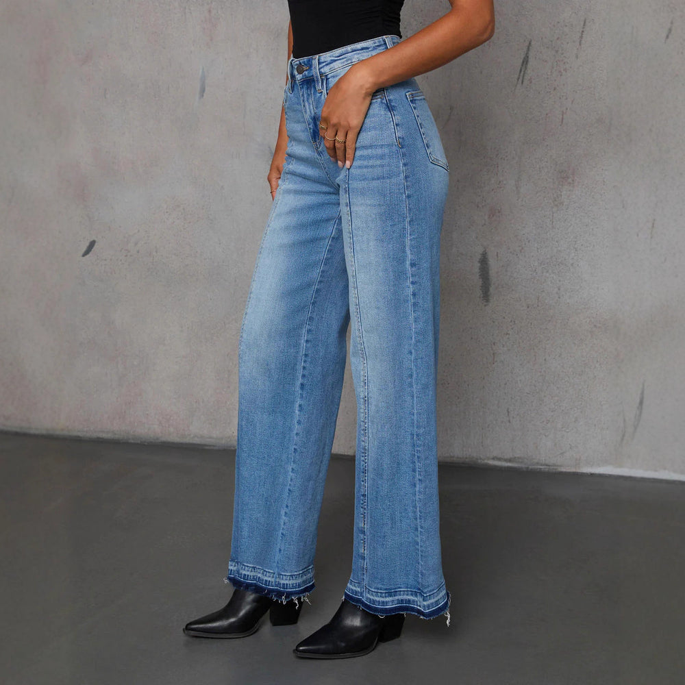 European and american women's jeans  new arrival hot selling patchwork elegant commute wide leg jeans washed stretch fashion jeans