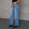 European and american women's jeans  new arrival hot selling patchwork elegant commute wide leg jeans washed stretch fashion jeans