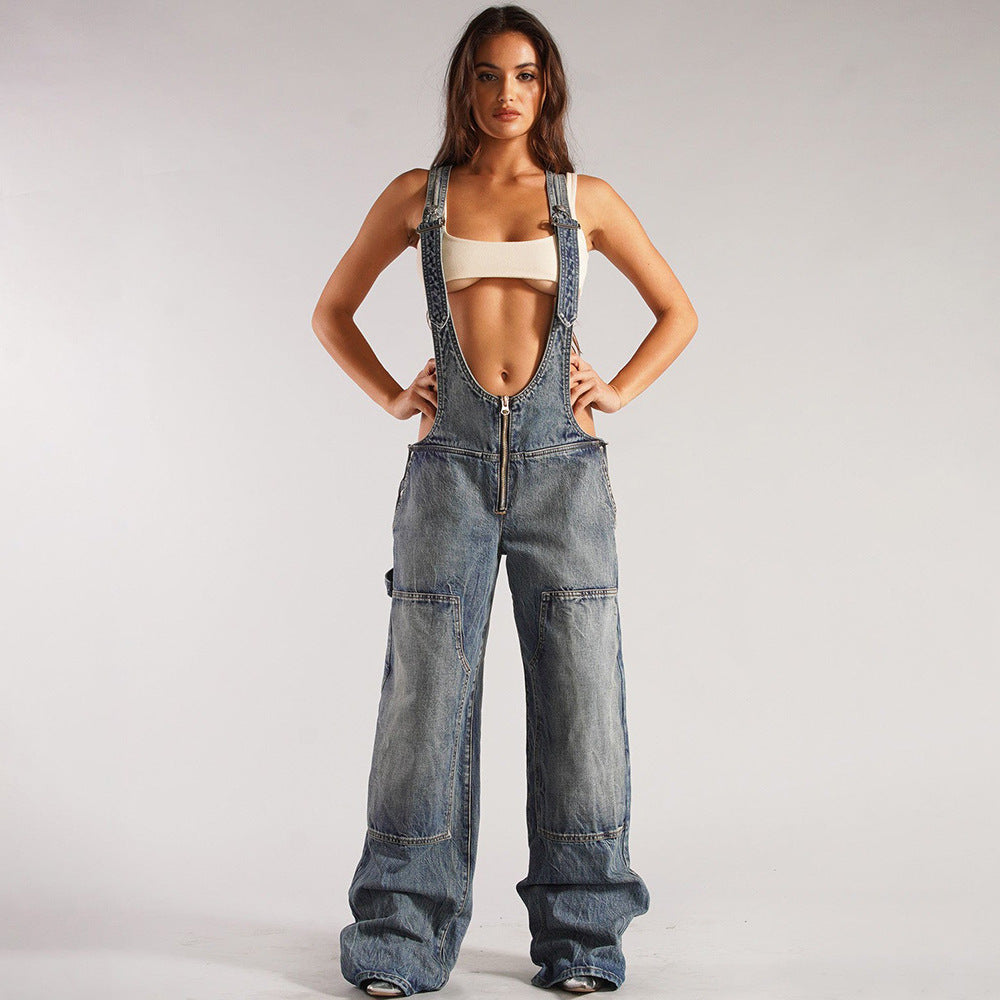 Women's denim jumpsuit -  cross-border women's fashion streetwear multi-pocket overalls - relaxed fit straight leg