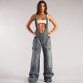 Women's denim jumpsuit -  cross-border women's fashion streetwear multi-pocket overalls - relaxed fit straight leg