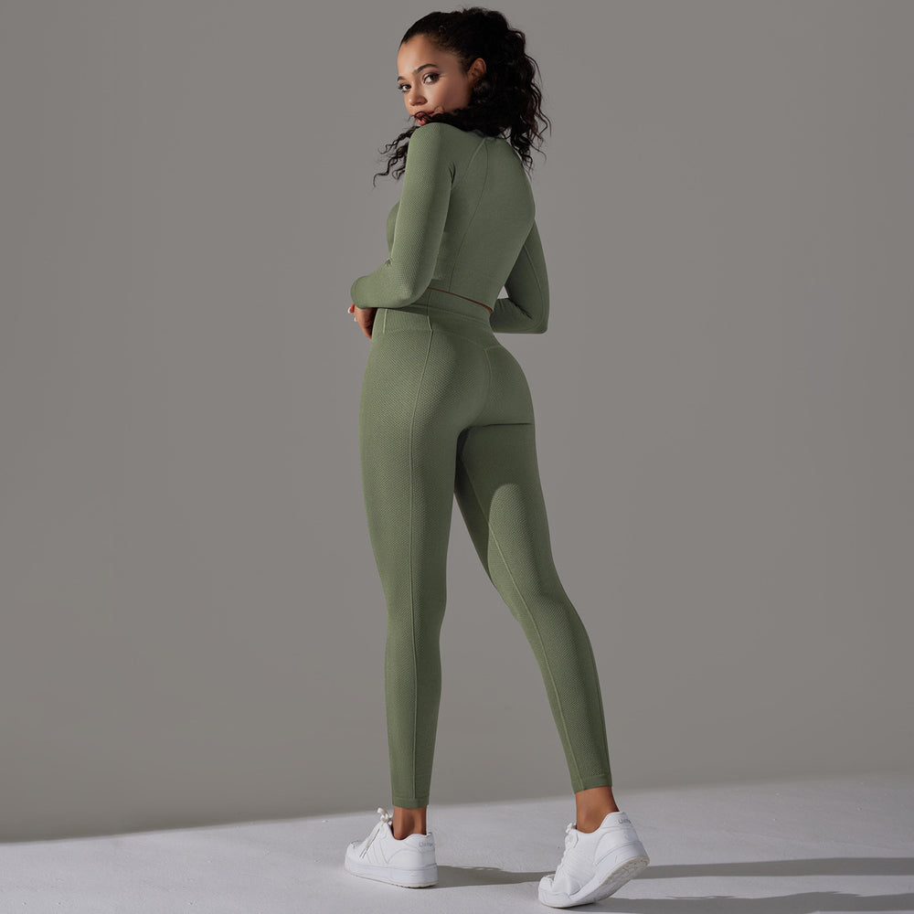 fashion seamless knittingpure color jacquard low-cut tight long sleeves yoga suit sports fitness two-piece set