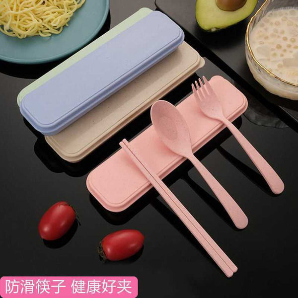 Wheat straw chopsticks fork spoon three-piece set to work portable tableware set student travel box lunch spoon chopsticks fork
