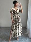 Amazon cross-border  summer new arrival: fresh seaside vacation style cami dress - fitted waist green leaf print dress