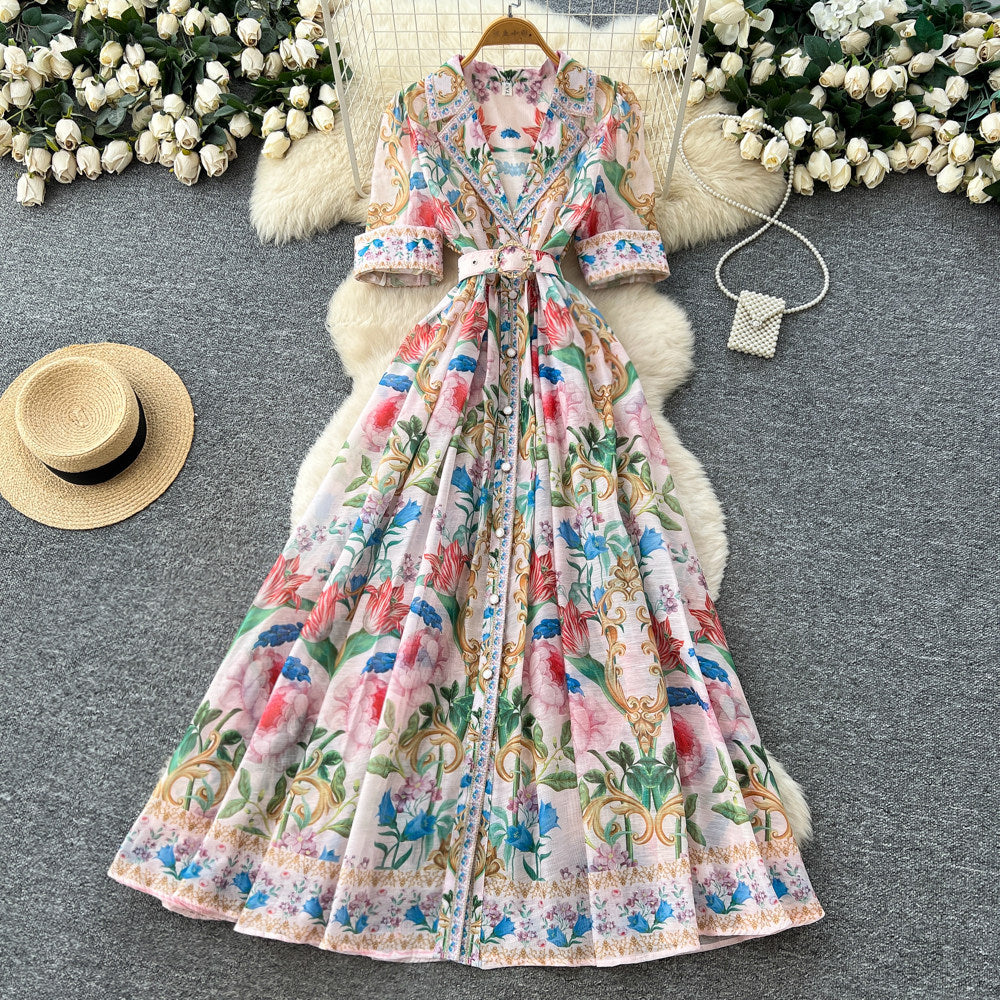 Frenchretro lapel printing short-sleeved dress women's summerv neck waist slimming look a-line long skirt holiday style large skirt