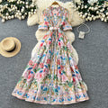 Frenchretro lapel printing short-sleeved dress women's summerv neck waist slimming look a-line long skirt holiday style large skirt