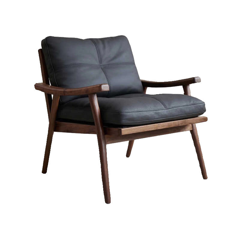 Genuine leather solid wood single sofa chair - minimalist designer armchair for study or living room - walnut finish