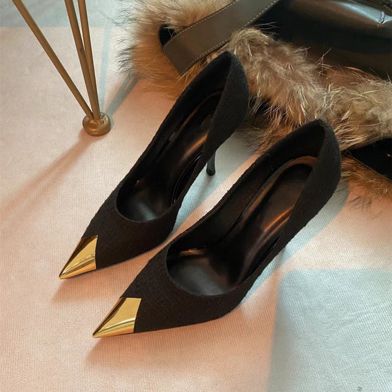 Xd huizhou autumn new patent leather flats wool flats black stiletto heel european and american fashion elegant metal pointed toe