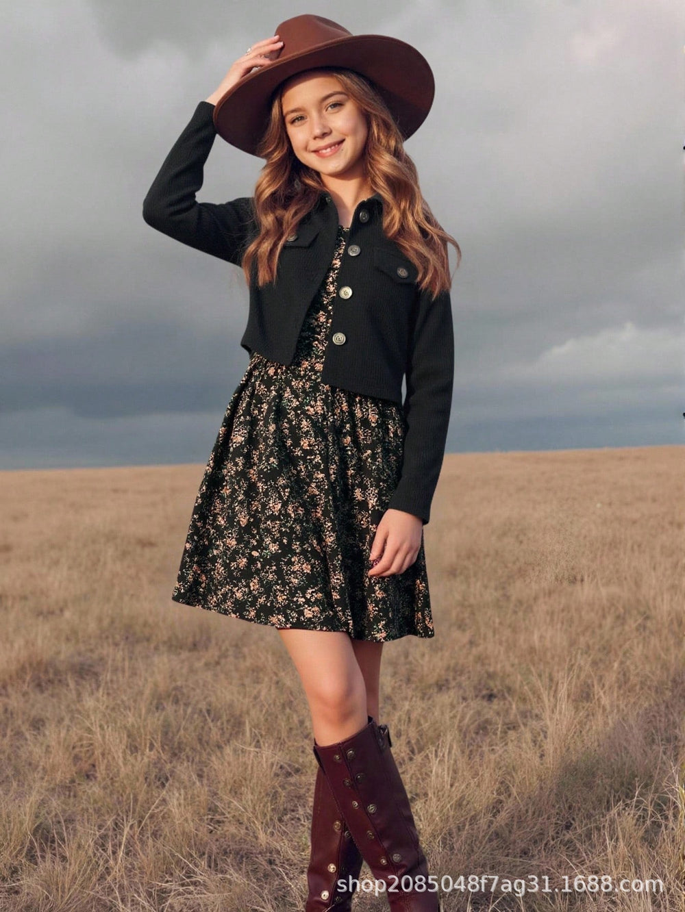 Girls' european and american style trendy solid color cropped jacket + black floral print cami dress two-piece set
