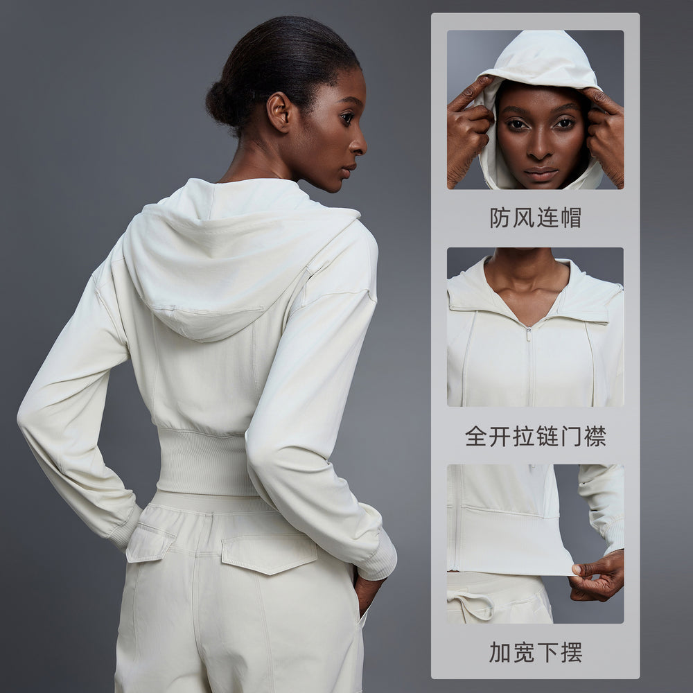 Hooded sports outwear women's spring & fallshort waist cardigan long sleeve tops yoga fitness wear jacket d25147