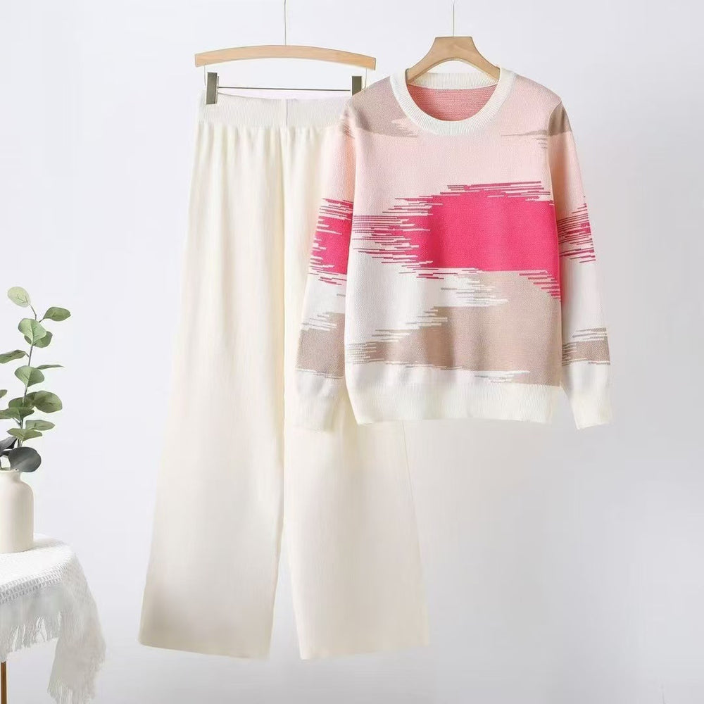 autumn new color block long sleeve crewneck casual top + loose wide leg knit pants set for women