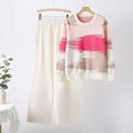 autumn new color block long sleeve crewneck casual top + loose wide leg knit pants set for women