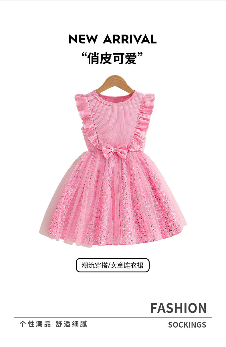 Girls' summer dress - pink ribbed knit with mesh overlay, a-line skirt with floral hem, for mid-to-large children