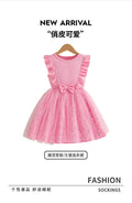 Girls' summer dress - pink ribbed knit with mesh overlay, a-line skirt with floral hem, for mid-to-large children