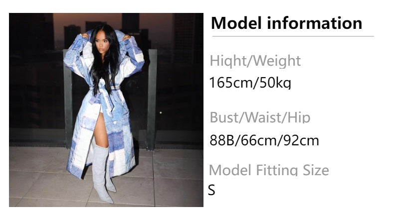 Trendy european and american women's denim patchwork printed double-breasted tie-front long cotton coat