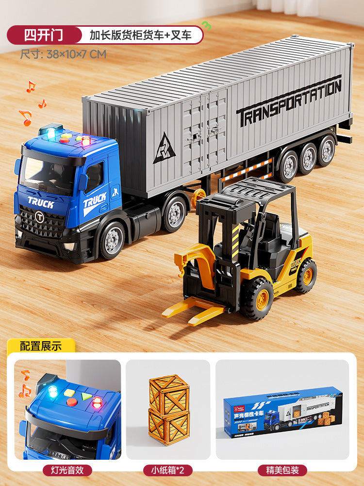 Kids' extra-long big truck toy - alloy semi-truck with container, trailer, and forklift