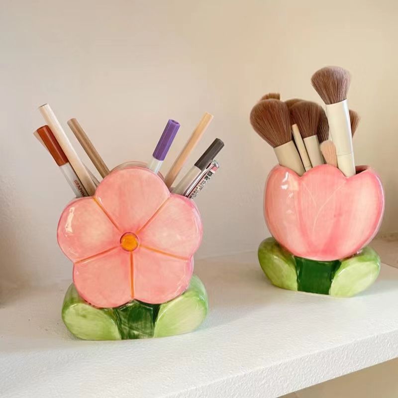 Tulip flower makeup brush holder office pen holder - trendy ins style bedroom decor desktop organizer