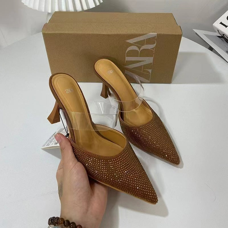 Za summer new arrivals 2024 high heels pointed toe rhinestone embellished closed toe fashionable low-cut pvc slingback stiletto sandals for women