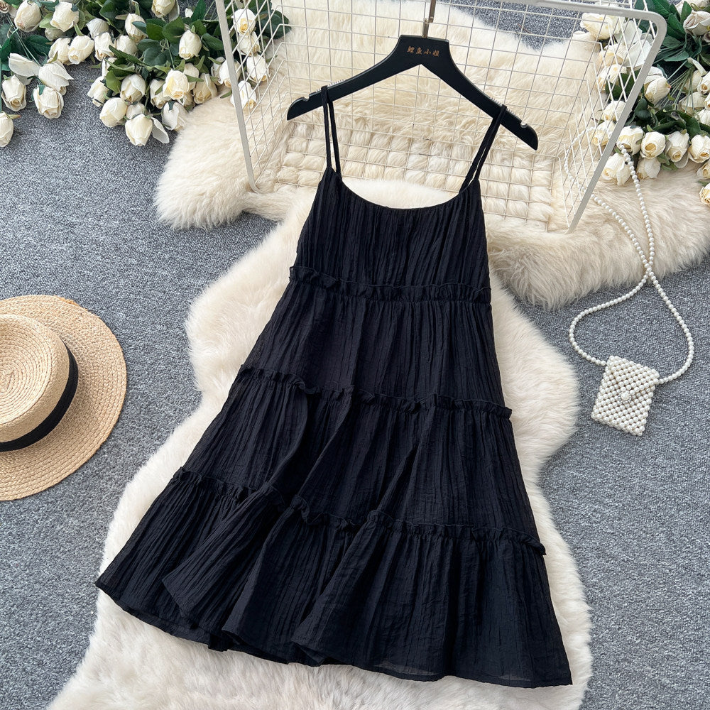 Dopamine yellow ruffle trim cami dress - women's summer korean style cake dress - vacation look, slimming, petite friendly