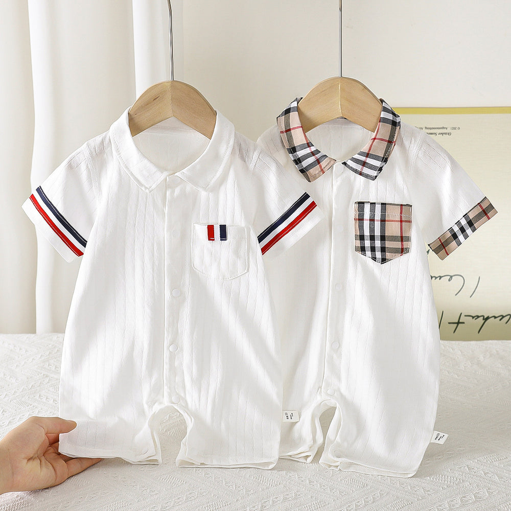 Infant & toddler  new style chic baby plaid smiley face snap-closure short-sleeve turn-down collar romper - summer all-cotton bodysuit