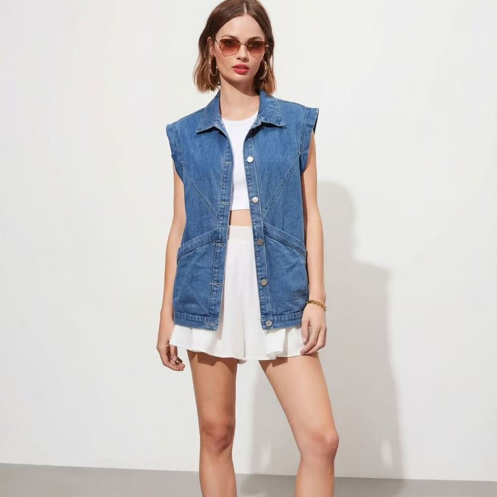 cross-border  fashion shorteasiest for matchcasualflap pocket pants sleeveless denim vest vest women's outwear