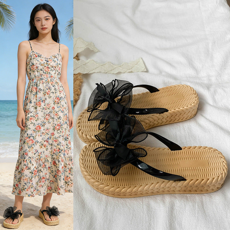 Thick sole 4cm summernew arrivaloutweareasiest for matchmesh bows heightening flip flops women's vacation beach slippers women