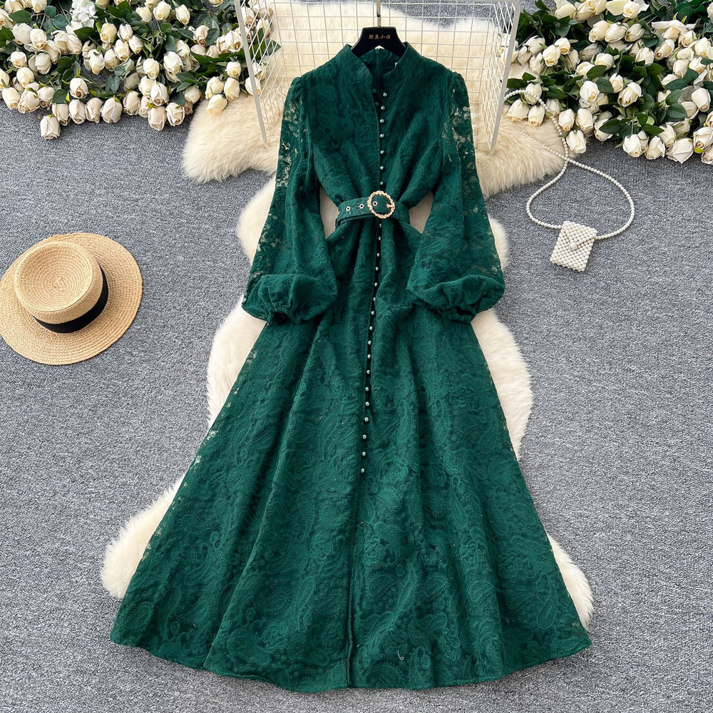 High-end elegance women's dress  new arrivalfrench heavy industry crochet waist single breasted silm lace long skirt